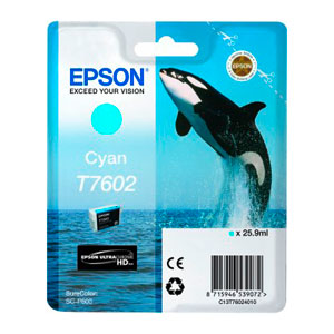 EPSON Tinte T7602 CYAN, Schwertwal | 25,9ml<br />für SureColor SC-P600